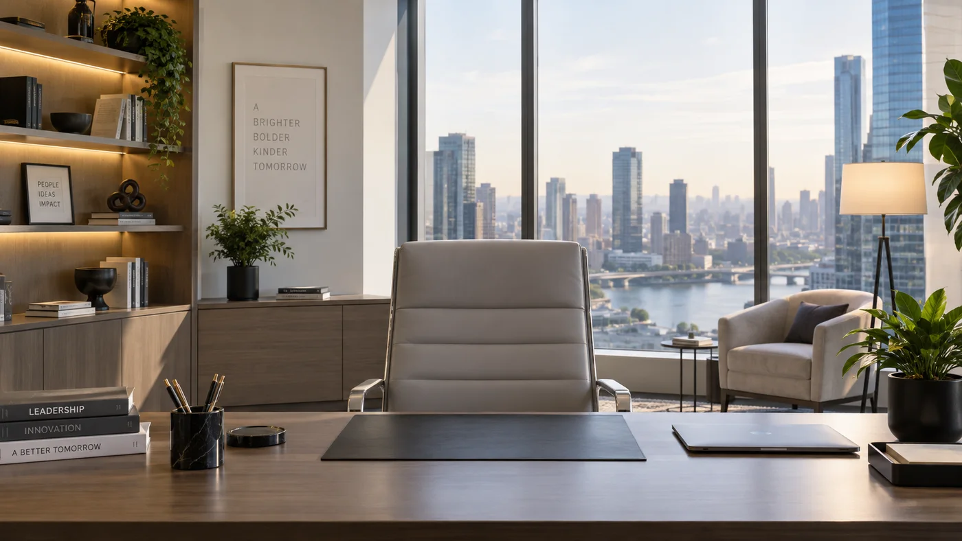 Fondo virtual de oficina luminosa con escritorio y vistas a la ciudad
